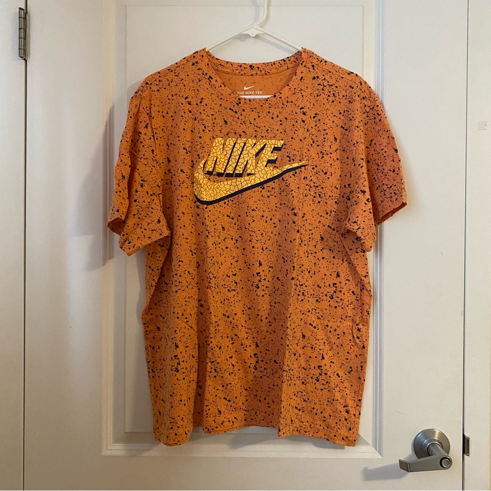 Nike Swoosh neon orange paint splatter t-shirt